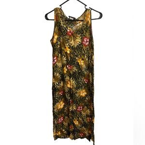 VTG Caribou NY Cheetah Print Tropical Hawaiian Sleeveless Midi Dress Rayon SZ M